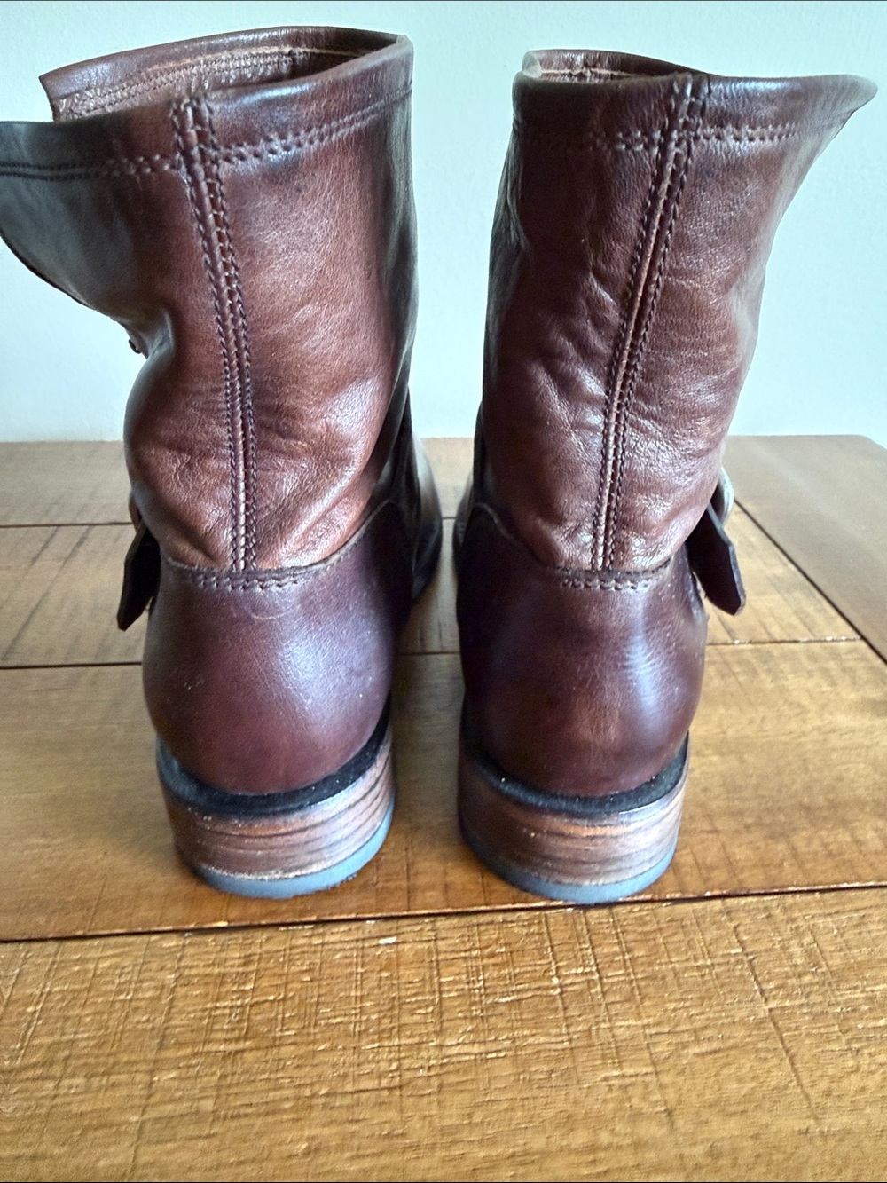 NWOT-Frye Brown Leather Harness Heeled Ankle Boots - Picture 6 of 12